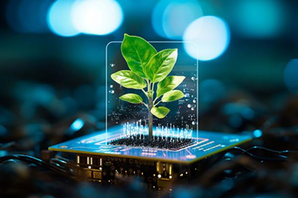 Banner with glowing plant growing on computer chip illustrating digital tech